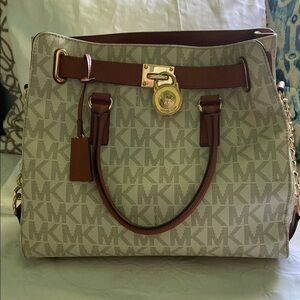 Michael Kors Brown and Cream Shoulder Bag with Gold Accents